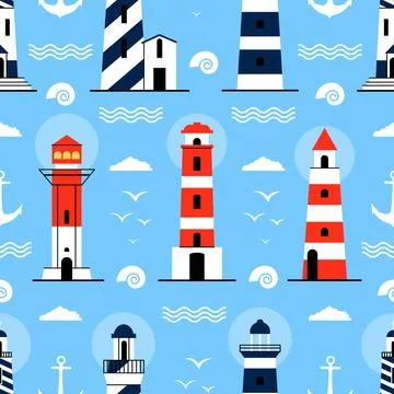 Lighthouse seamless pattern. Nautical fabric print, decorative marine adventures 스톡 일러스트