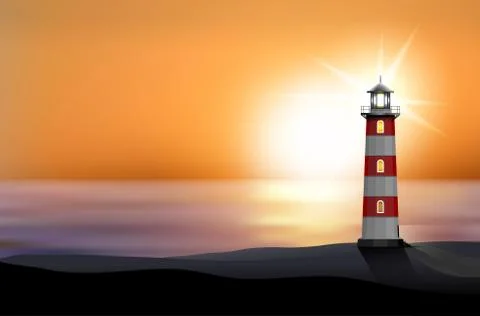 Lighthouse on the seashore at sunset Stock Illustration