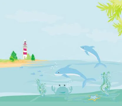 Lighthouse seen from a tiny beach and dolphins Stock Illustration