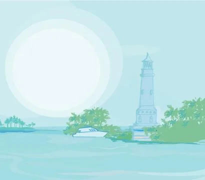 Lighthouse seen from a tiny beach card Stock Illustration