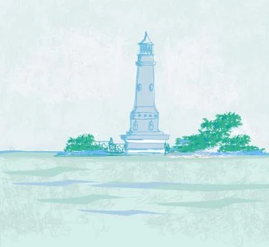 Lighthouse seen from a tiny beach - grunge poster Stock Illustration