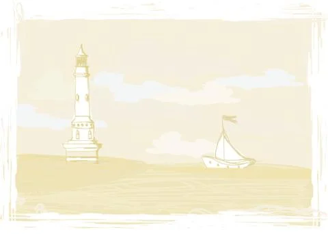 Lighthouse seen from a tiny beach - grunge poster Stock Illustration