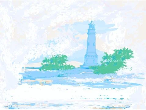 Lighthouse seen from a tiny beach - grunge poster Stock Illustration