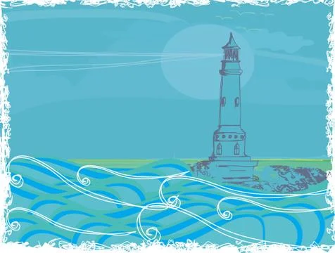 Lighthouse seen from a tiny beach - grunge poster Stock Illustration
