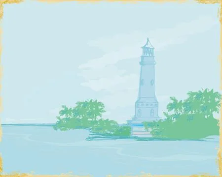 Lighthouse seen from a tiny beach - Grunge Poster Stock Illustration