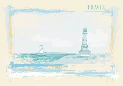 Lighthouse seen from a tiny beach - Grunge Poster Stock Illustration