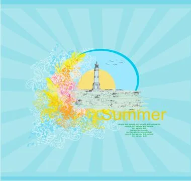 Lighthouse seen from a tiny beach - Grunge Poster Stock Illustration