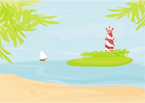 Lighthouse seen from a tiny beach Stock Illustration