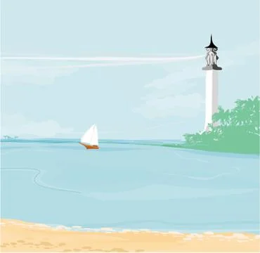Lighthouse seen from a tiny beach Stock Illustration