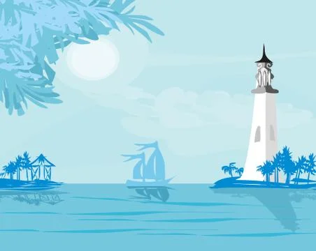 Lighthouse seen from a tiny beach Stock Illustration