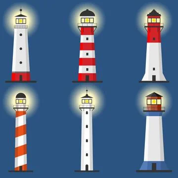 Lighthouse, Set of lighthouses, path lighting. Lighthouse shines at night. Stock Illustration