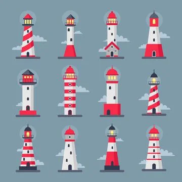 Lighthouse set, seaside clouds, sea towers. Nautical logo design, vintage lig Stock Illustration
