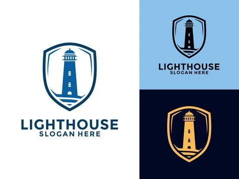 Lighthouse Shield logo. Harbor icon. Light beacon symbol. Maritime tower lo.. Stock Illustration