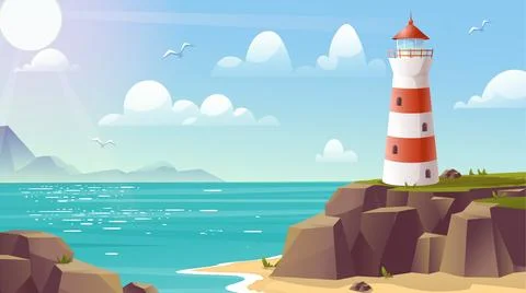 Lighthouse on shore. Red and white building on coastline. Signal for sea Ilustración de archivo