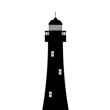 Lighthouse silhouette. Black tower with floodlight dome and luminous windows. Stock Illustration