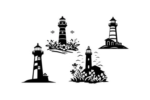 Lighthouse Silhouette Illustrations Collection. Vector illustration. Stock Illustration