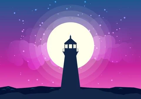 Lighthouse Silhouette Vector Moonlight Illustrazione stock