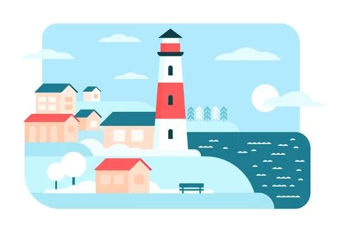 Lighthouse in simple winter minimal landscape Stock Illustration
