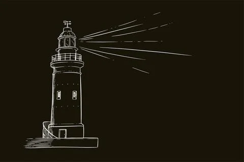 Lighthouse sketch. Beacon with a light beam. Vector illustration Stock Illustration