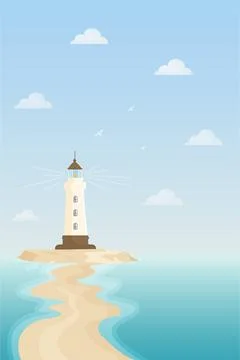 Lighthouse on a small island flat vector illustration Stock Illustration