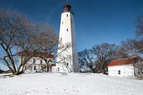 Lighthouse in the snow in New Jersey Stock Photos