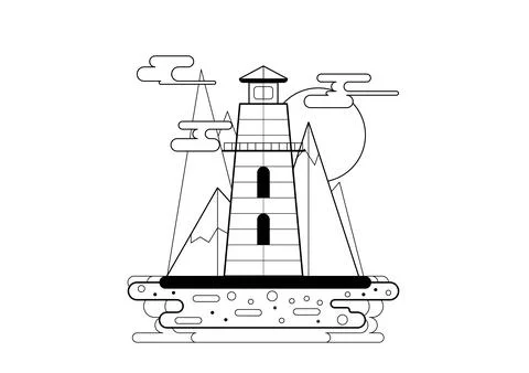 Lighthouse standing tall amidst abstract mountains and clouds at sunset on .. Ilustração Stock