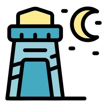 Lighthouse standing tall under crescent moon at night Ilustración de archivo