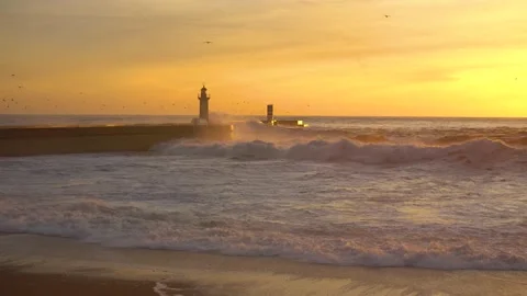 Lighthouse In Stormy Landscape. Big Waves. Sunset.  Stock Footage 229144424