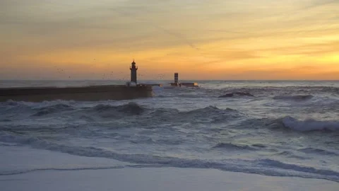 Lighthouse In Stormy Landscape. Big Waves. Sunset. Stock Footage 229533493