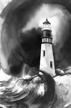 Lighthouse in the stormy sea Stock Illustration