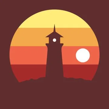 Lighthouse at sunset in a flat design Stock Illustration