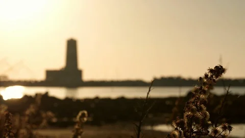 Lighthouse at sunset with plants in foreground, change of focus Stock Footage 98253003