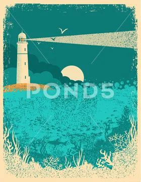 Lighthouse on sunset with sea waves.Underwater sea background on old paper te Stock Illustration