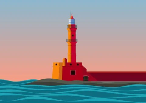 Lighthouse On Sunset Shore Stock Illustration