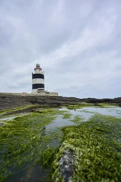 Lighthouse surrounded by rocks with moss and reflections in the water. Wexfor Stock Photos