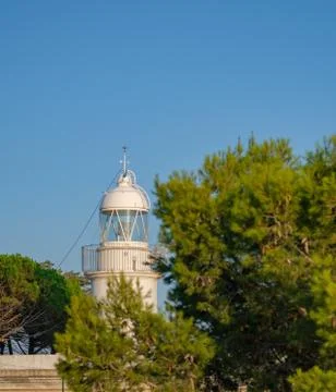 The lighthouse surrounded by trees on blue sky background. Stock Photos