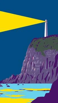 Lighthouse on Top of Cliff or Bluff  WPA Art Deco Poster Stock Illustration