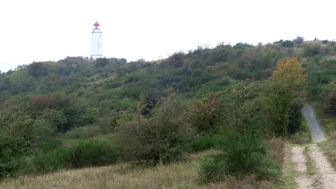 Lighthouse on top of Dornbusch hill, Hiddensee isle (Germany) Video stock 69799437