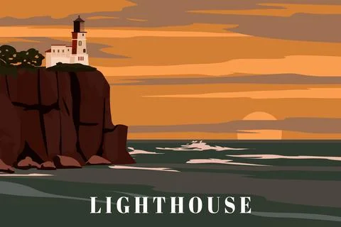 Lighthouse tower, beacon on seashore ocean, sunset Stock Illustration