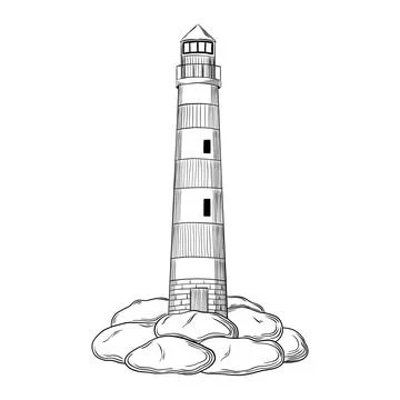 Lighthouse Tower Hand Drawn Engraving Sketch Stock Illustration