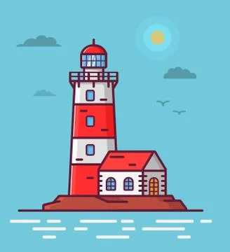 Lighthouse tower lodge on the rock. Navigation beacon for the ships.Landscape Stock Illustration