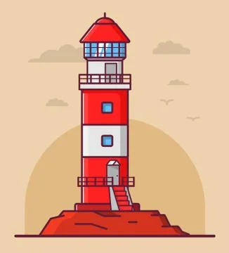 Lighthouse tower lodge on the rock. Navigation beacon for the ships. Stock Illustration