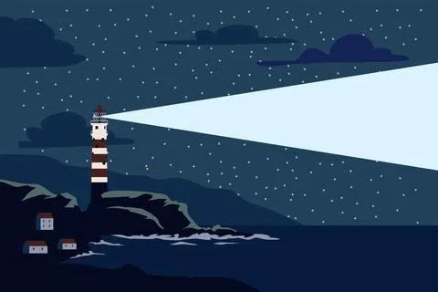 Lighthouse tower on seashore ocean with ray of light Stock Illustration