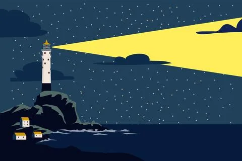 Lighthouse tower on seashore ocean with ray of light Stock Illustration
