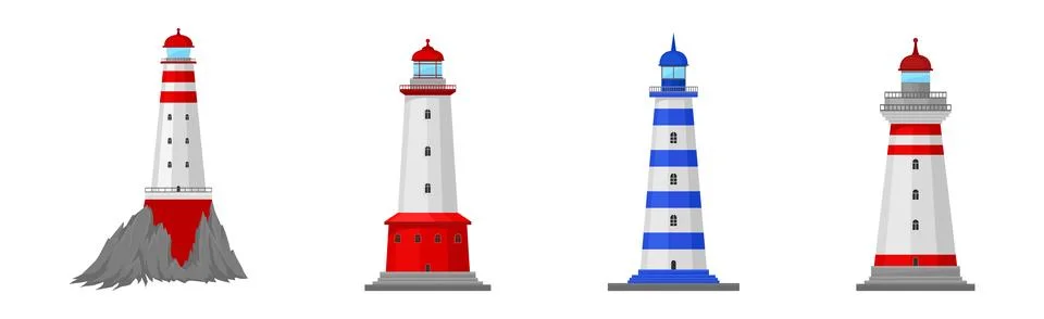 Lighthouse Tower Serving as Navigational Aid on Sea Vector Set Stock Illustration