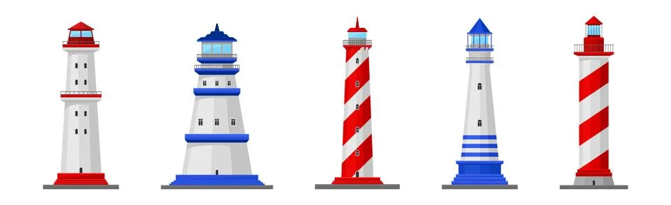 Lighthouse Tower Serving as Navigational Aid on Sea Vector Set Stock Illustration
