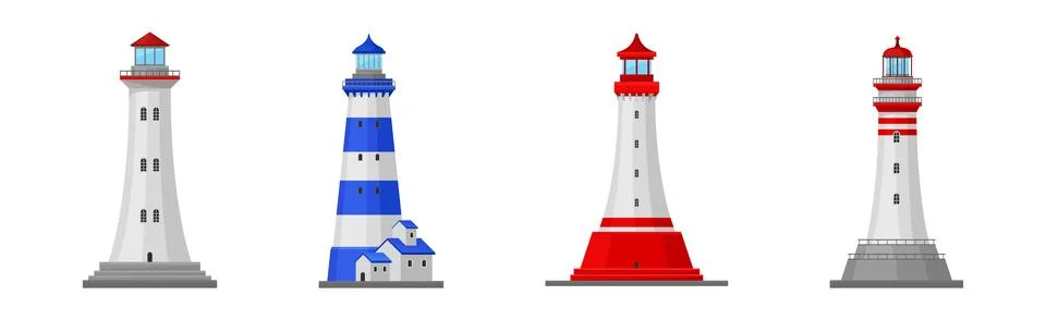 Lighthouse Tower Serving as Navigational Aid on Sea Vector Set Stock Illustration