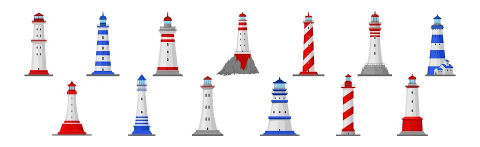 Lighthouse Tower Serving as Navigational Aid on Sea Vector Set Stock Illustration