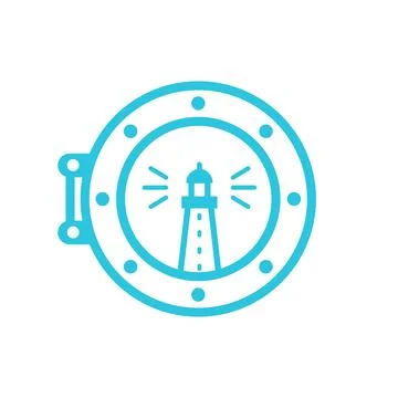 Lighthouse trough boat window icon. Isolated on white background. From blue.. Stock Illustration