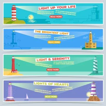 Lighthouse vector banner, the sea beacon lighter for ship beaming path of Illustrazione stock